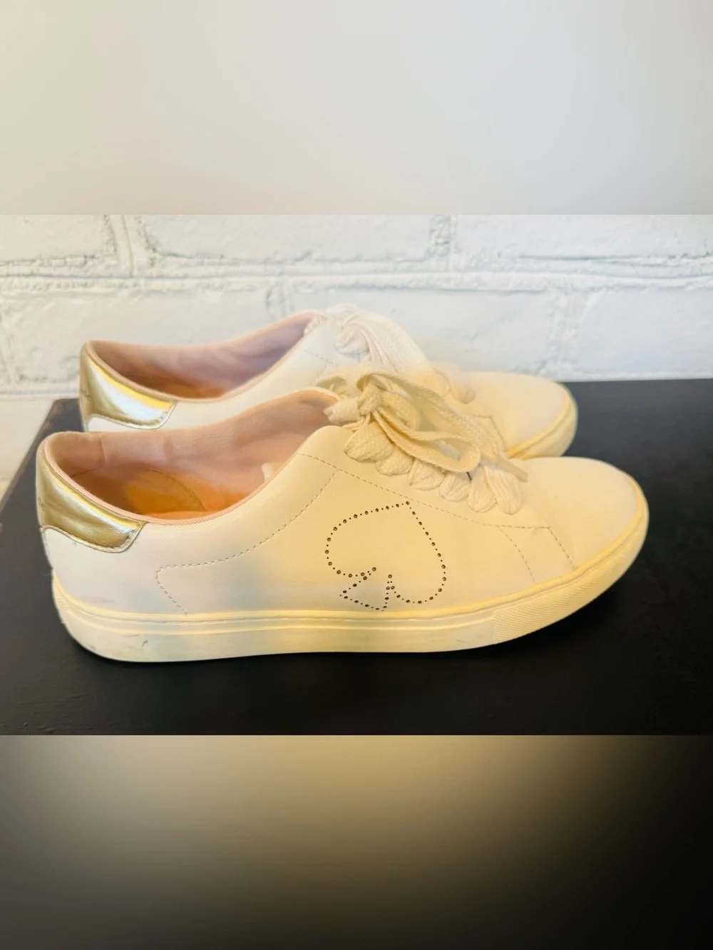 Kate Spade Angelise White Leather Gold Spade Sneakers 7.5